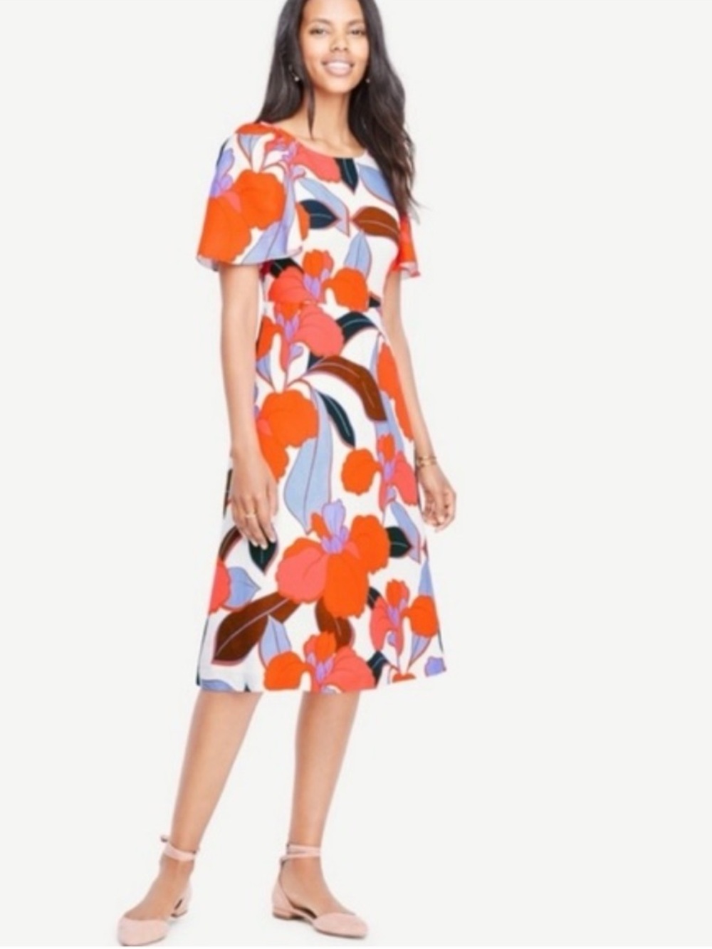 Ann Taylor Bold Blooms Floral Linen Blend Tie Back Flutter Sleeve Dress 00P